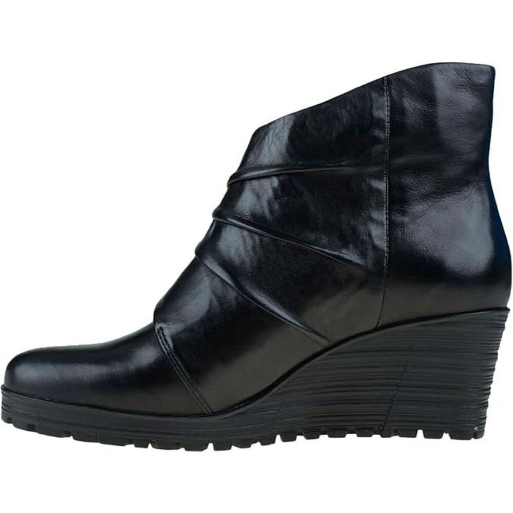 NEW Earth Women Dune Black Leather Gathered Pleated Strap Platform Wedge Bootie - Picture 2 of 6